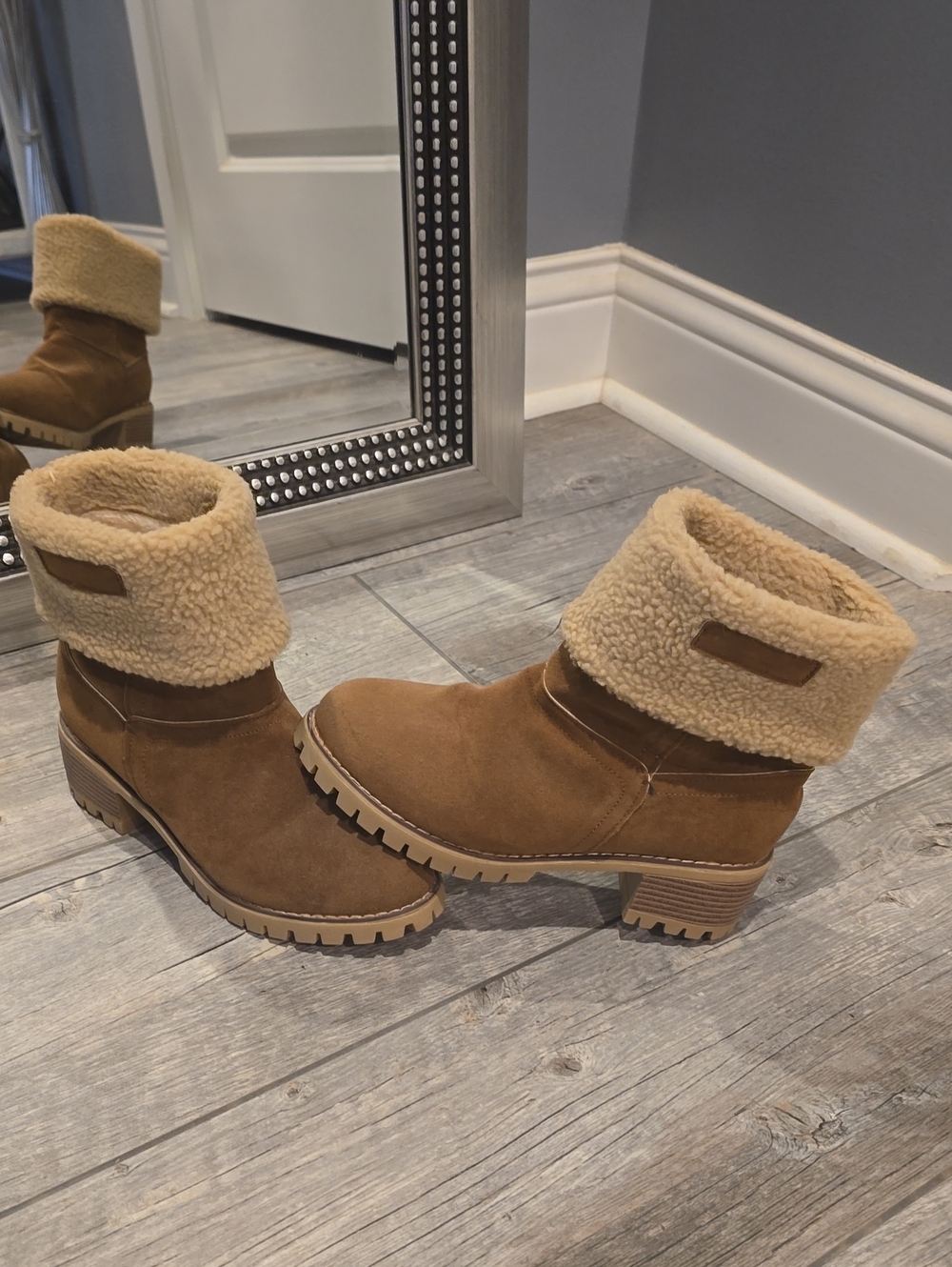 Women’s Tan Suede Shearling Cuff Ankle Boots